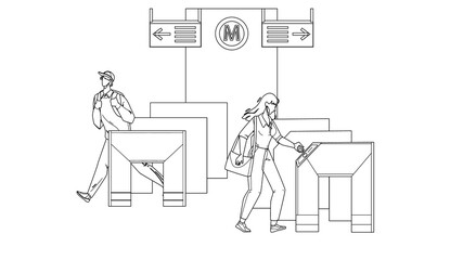 Entry Metro People Pass Through Turnstiles Black Line Pencil Drawing Vector. Man And Woman Passing Entry Metro Equipment For Control Direction Of Movement. Characters And Subway Security System