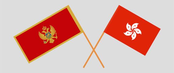 Crossed flags of Montenegro and Hong Kong. Official colors. Correct proportion