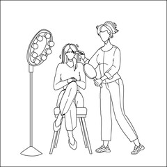 Eyebrow Salon Service Getting Girl Client Black Line Pencil Drawing Vector. Beauty Master Make Young Woman Eyebrow Correction Makeup, Cosmetology Treatment. Characters Specialist And Customer