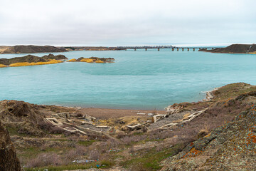 Fototapeta premium view of the coast of the sea. Rocky Mountains. caves in the rocky mountains. nature of central asia.