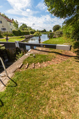 Maunsel Lock, canal lock on the Bridgewater and Taunton Canal wide angle.
