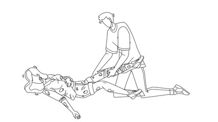 Man Providing First Aid Injured Young Girl Black Line Pencil Drawing Vector. Boy Provide First Aid Bandaging Woman Broken Leg Trauma Before Ambulance Arrive. Characters Emergency Rescue Illustration