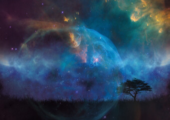 Background designed with black earth and blue utopian outer space and galaxy fog clouds. Unique...