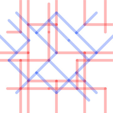 Abstract overlapping wireframe grid in red and blue with intersection dots on a white background. Constructivist and Swiss Design vector for blueprint aesthetics, engineering, and modern technological