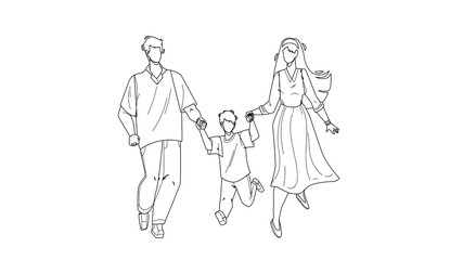 Healthy Family Walking Together Outdoor Black Line Pencil Drawing Vector. Father, Mother And Son Healthy Family Walk Together In Park. Characters Man, Woman And Child Have Funny Leisure Time