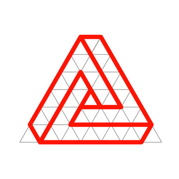 Red Penrose impossible triangle line art with an isometric grid on a white background. 1960s Op Art and Constructivist sketch for technical geometry, mathematical concepts, and abstract designs.