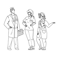 Hospital People Doctor And Nurse Colleagues Black Line Pencil Drawing Vector. Hospital People Employees Wearing Professional Uniform, Facial Mask And Stethoscope. Characters Clinic Workers