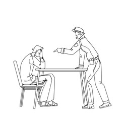 Policeman Interrogation Criminal Prisoner Black Line Pencil Drawing Vector. Detective Police Man And Bandit With Handcuffs In Interrogation Room Interviewing After Committed Crime. Characters