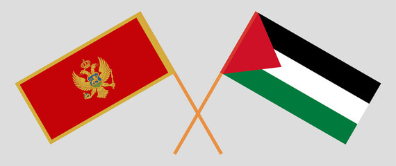 Crossed flags of Montenegro and Palestine. Official colors. Correct proportion