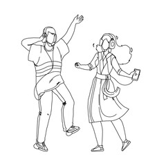 People Couple Listening Music And Dancing Black Line Pencil Drawing Vector. Young Man And Woman Listen Music In Headphones. Characters Boy And Girl With Digital Gadget Leisure Time Together