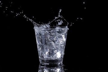 Ice splashes into glass of water.