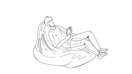 Man Relax On Bean Bag And Playing On Phone Black Line Pencil Drawing Vector. Young Boy Have Leisure Time And Relax On Soft Sofa. Character Freelancer Businessman Relaxing After Work Illustration