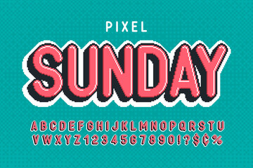 Pixel vector alphabet design, stylized like in 8-bit games. High contrast and sharp, retro-futuristic.