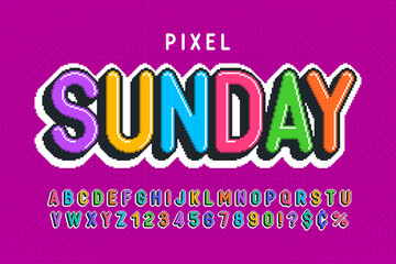 Pixel vector alphabet design, stylized like in 8-bit games. High contrast and sharp, retro-futuristic.