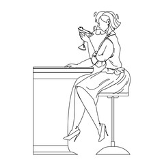 Martini Beverage Drink Girl At Bar Counter Black Line Pencil Drawing Vector. Young Woman Drinking Alcoholic Dry Cocktail Martini, Prepared From Vermouth And Olives. Character With Alcohol Liquid