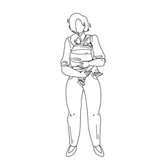 Mother Holding Baby On Hands, Motherhood Black Line Pencil Drawing Vector. Young Woman Mom Hold With Love Newborn Child Cute Infant, Motherhood And Childhood. Characters Lady Parent And Kid