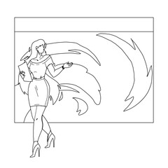 Obraz premium News Weather Reporter Work On Television Black Line Pencil Drawing Vector. Weekly Weather Forecast Broadcasting Young Woman On Tv. Character Lady Meteorology Media Report, Multimedia Job Illustration