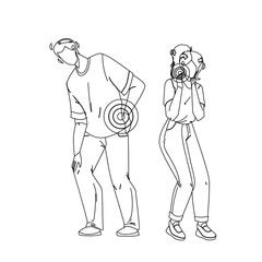 Neck And Back Pain Have Boy And Girl Couple Black Line Pencil Drawing Vector. Sadness Young Man And Woman Suffering From Body Part Pain. Characters Suffer From Health Problem And Disease Illustration