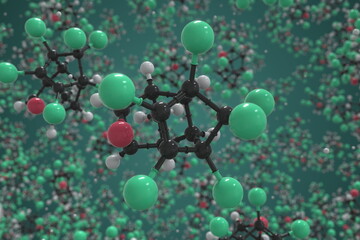 Endrin molecule made with balls, conceptual molecular model. Chemical 3d rendering