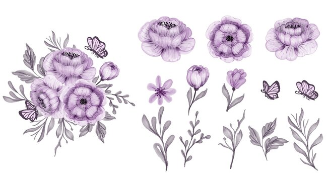 beautiful floral purple isolated leaf and flower watercolor clip-art