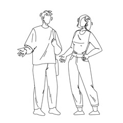 People Talking And Discussing Together Black Line Pencil Drawing Vector. Young Man And Woman People Talking, Have Funny Discussion Or Planning For Togetherness. Characters Boy And Girl Communication