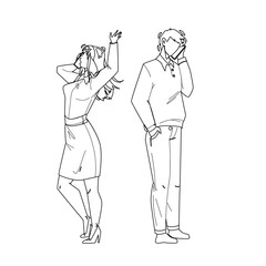 Phone Communication And Conversation People Black Line Pencil Drawing Vector. Mobile Phone Communication Young Man And Woman, Talking Together Through Wireless Device Smartphone. Characters