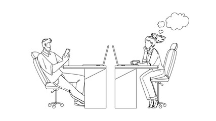 Procrastinating Office Workers Colleagues Black Line Pencil Drawing Vector. Man Play On Phone And Woman Sitting At Table, Watching Computer Screen And Drinking Coffee, Procrastinating Work. Characters