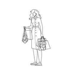 Woman Holding Recycling Shopping Packages Black Line Pencil Drawing Vector. Young Girl Hold Recycling Shopping Cotton Mesh And Paper Eco Bags With Grocery Products. Character Customer Client