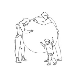 Fototapeta na wymiar Save Planet And Nature Occupation Family Black Line Pencil Drawing Vector. Young Man Father, Woman Mother And Little Child Son Embracing With Love Planet. Characters Care Earth Ecology Illustration