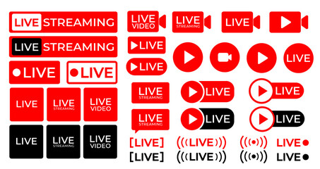 Set of live streaming icons. Button, red symbols for TV, news, movies, shows. Set of video broadcasting and live streaming icon. vector