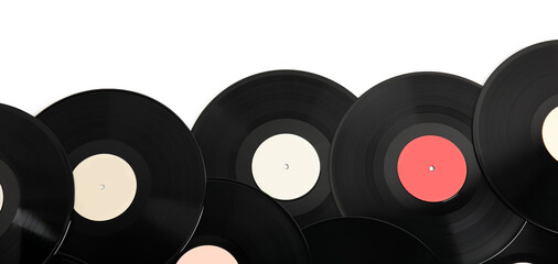 Vintage vinyl records on white background, top view