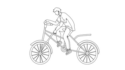 Fototapeta na wymiar Stupidity Boy Put Spoke In Bicycle Wheel Black Line Pencil Drawing Vector. Stupid Man Bicycling And Putting Stick In Transport Wheel. Character Guy Riding Bike And Make Dangerous Action Illustration