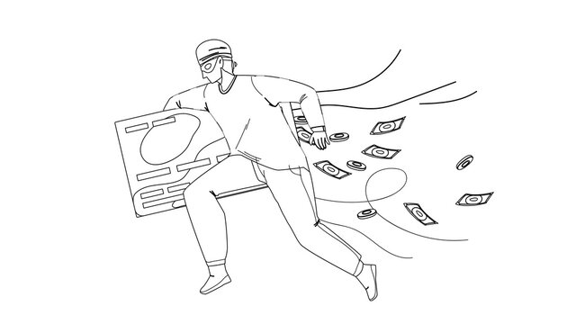 Thief Man Stealing Money From Credit Card Black Line Pencil Drawing Vector. Thief Running With Steal Finance, Bandit Burglar Boy Theft. Character Gangster Financial Criminal, Illegal Occupation