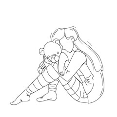 Girl With Trauma Embracing Teddy Bear Toy Black Line Pencil Drawing Vector. Depressed Young Woman Painful Trauma Sitting On Floor, Lady Feeling Pain. Sad Stressed Character Crying Emotion Illustration