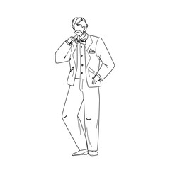 Fototapeta na wymiar Tuxedo And Butterfly Tie Wearing Young Man Black Line Pencil Drawing Vector. Whiskered Businessman Wearing Elegant Tuxedo Costume Clothes. Character Guy In Elegance Classic And Stylish Suit