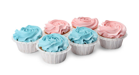 Baby shower cupcakes with light blue and pink cream on white background