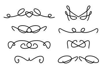Vintage dividers and ornaments, calligraphic design elements and page decoration, retro style set, black isolated on white background, vector illustration.