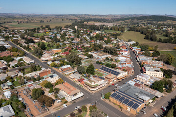 Aerial view of the central western country town of Canowindra, New South Wales, Australia.