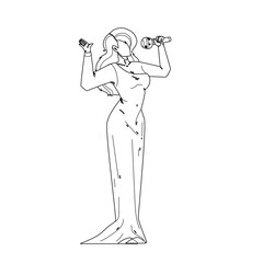 Woman Singer Singing Song In Microphone Black Line Pencil Drawing Vector. Blonde Hair Young Girl Singer In Attractive Evening Dress Holding Mic Electronic Equipment. Talent Elegant Character Lady