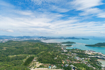 Aerial view of beautiful tropical island with Blue sky over port harbor in Phuket Province Thailand Panoramic landscape Aerial Shot