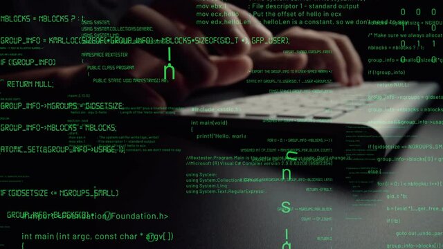 Creative visual of computer programming coding and software development shown by man working on computer keyboard with overlay of computer graphic displaying abstract program codes and computer script