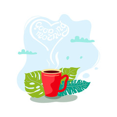 Mug with tropical leaves. Good Morning handwritten lettering. Flat style design. Vector illustration.