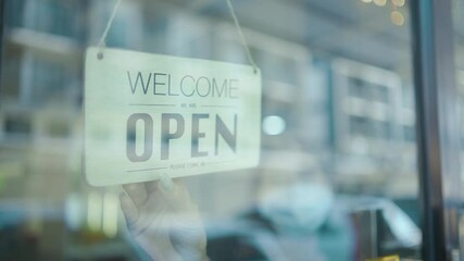 cafes door glasses signs, owner turning signs closed to open a shop to welcome entrance service