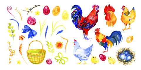 Set of watercolor images of hens, cocks and chicken. Hand drawn illustration isolated on white background. Farming or health food concept.