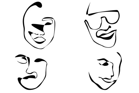 Line art of faces. Smiling faces black and white. Modern face art.
