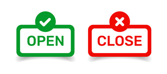 Open and close icons, check or tick and delete sign vector.