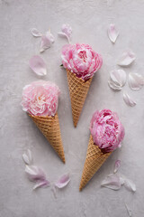 Top down view of pink peonies in three waffle ice cream cones