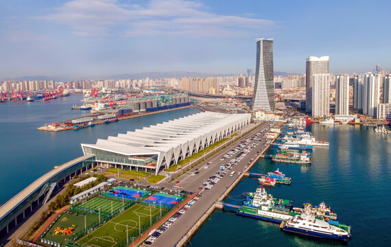 Aerial photography of Qingdao's western coastline port wharf