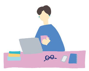 リモートワークで仕事をしてノートパソコンを覗き込んでいる女性