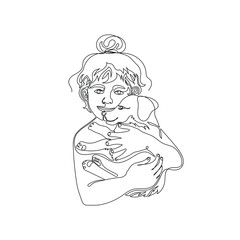 Continuous line vector drawing of little girl holding a puppy. Minimalist illustration of a child's care of animals. One Line concept.
